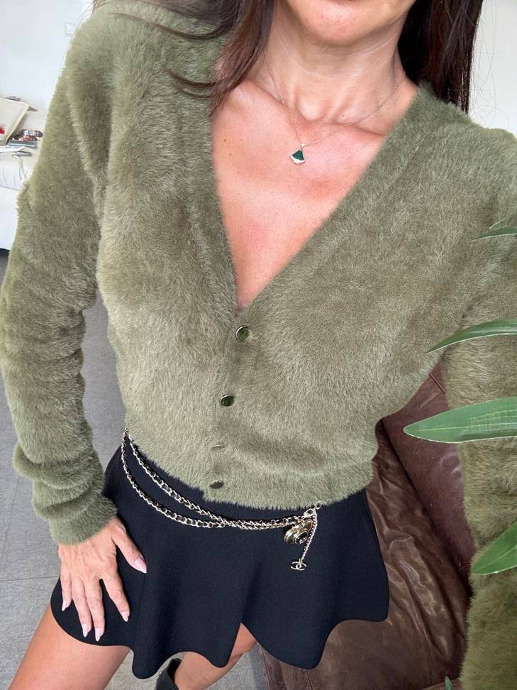 Haki Düğmeli Sakallı Hırka