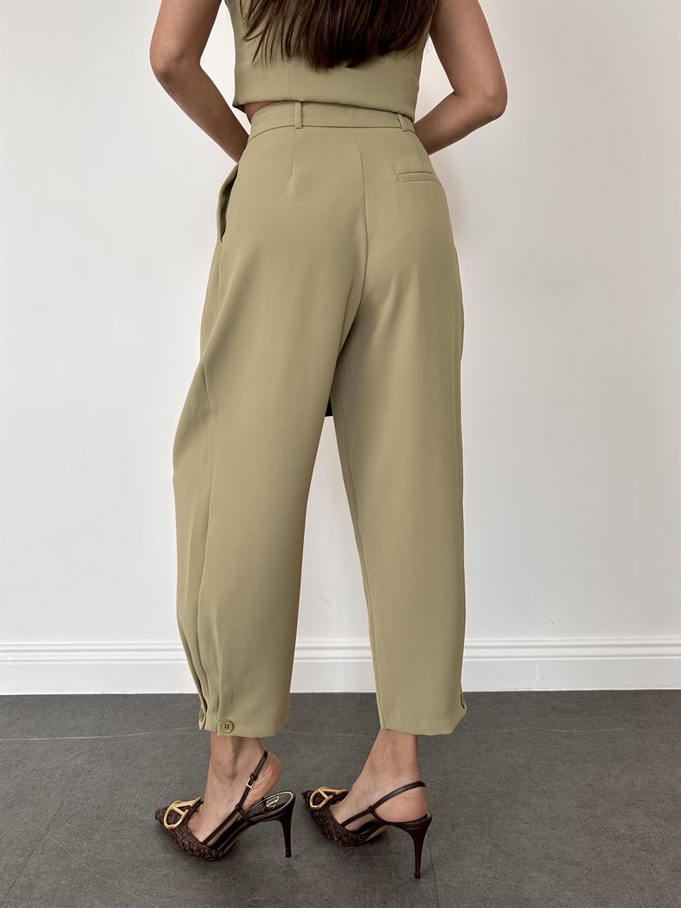 Haki Geniş Paça Kadın Kumaş Pantolon