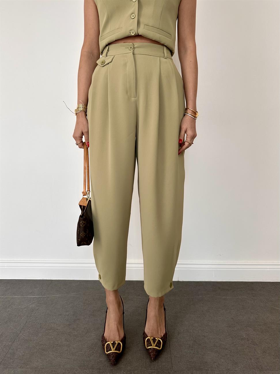 Haki Geniş Paça Kadın Kumaş Pantolon