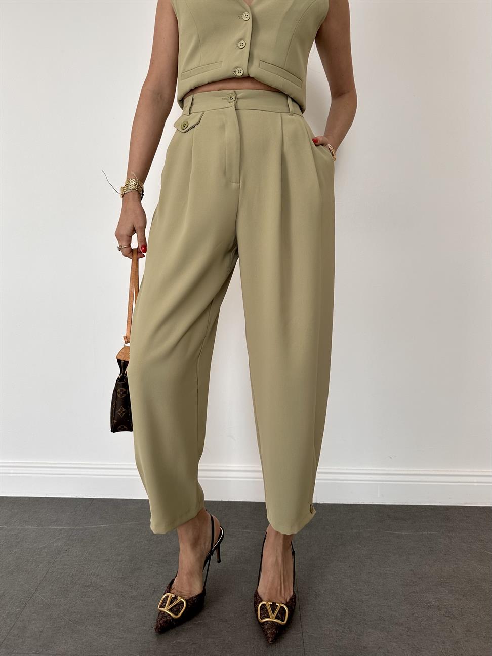 Haki Geniş Paça Kadın Kumaş Pantolon