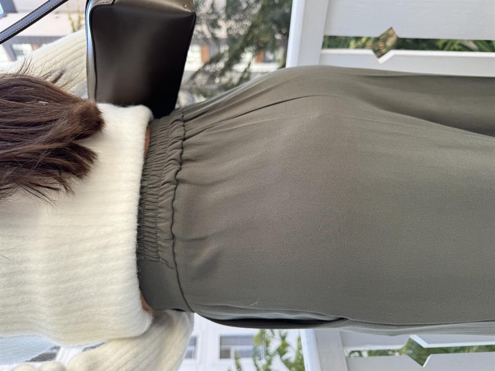 Haki Gold Düğmeli Beli Lastikli Palazzo Pantolon