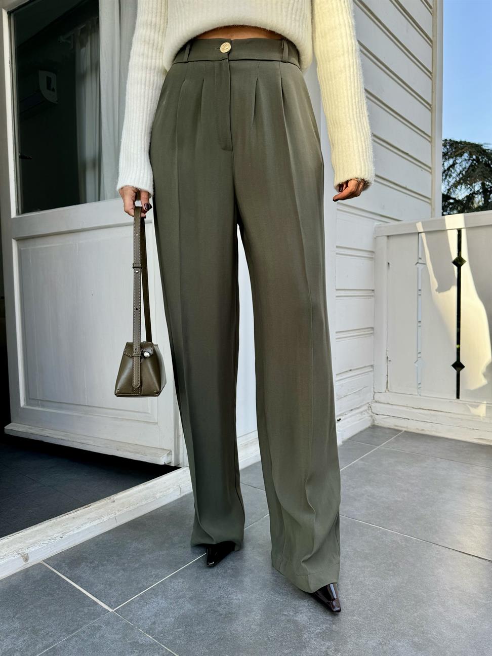 Haki Gold Düğmeli Beli Lastikli Palazzo Pantolon