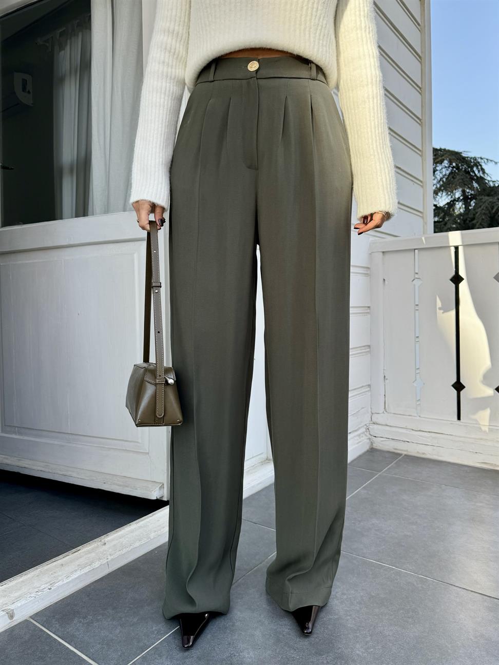 Haki Gold Düğmeli Beli Lastikli Palazzo Pantolon