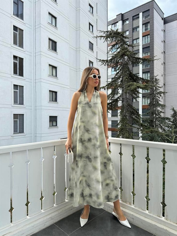 Haki Karısık Desenli Kolsuz Maxi Boy Elbise