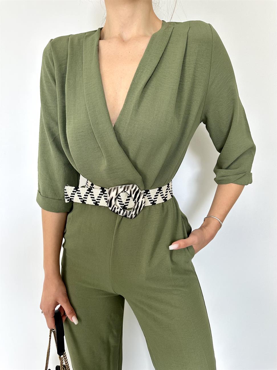 Haki Kemerli Kruvaze Yaka Tulum