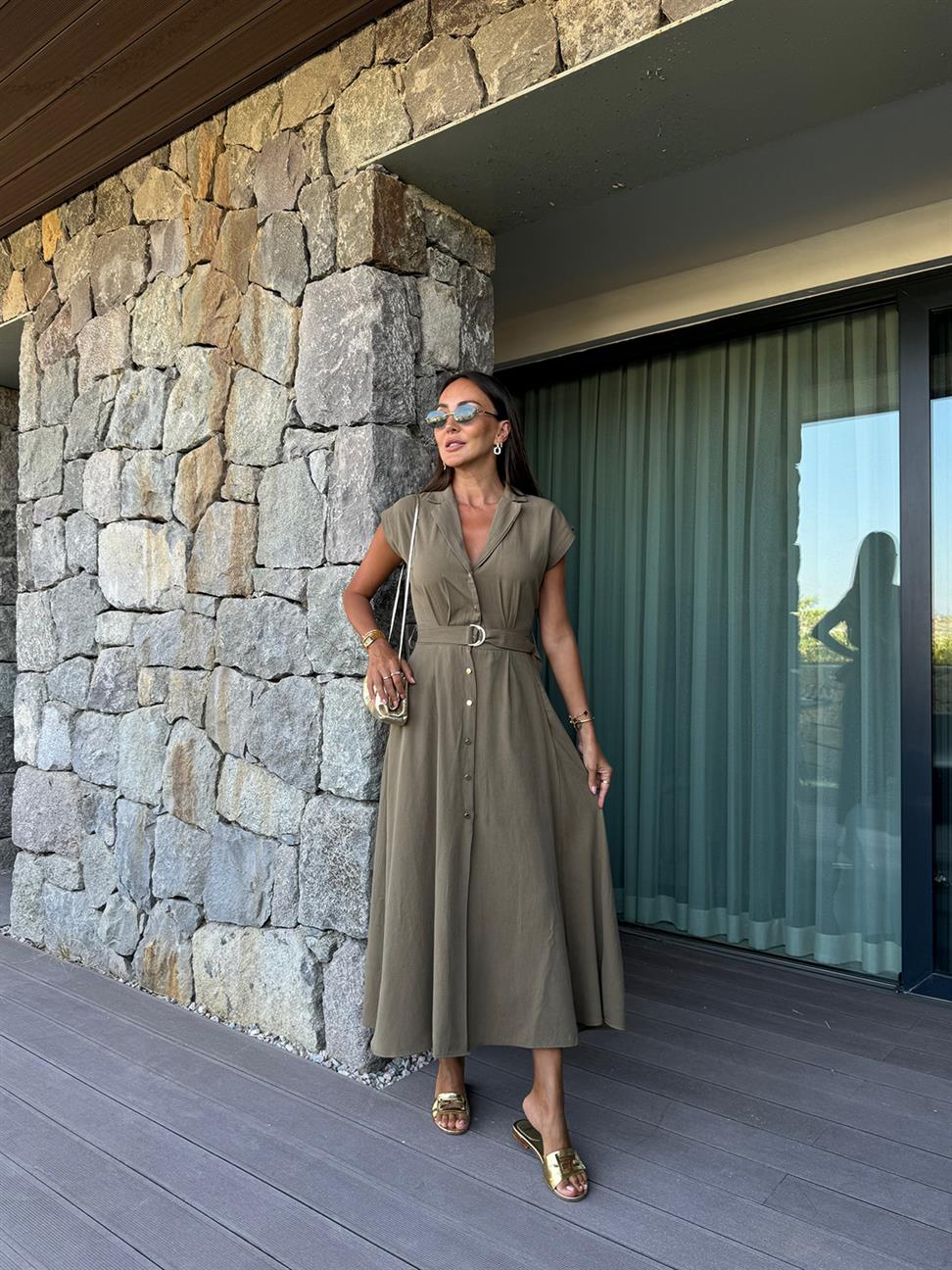 Haki Keten Kemerli Elbise