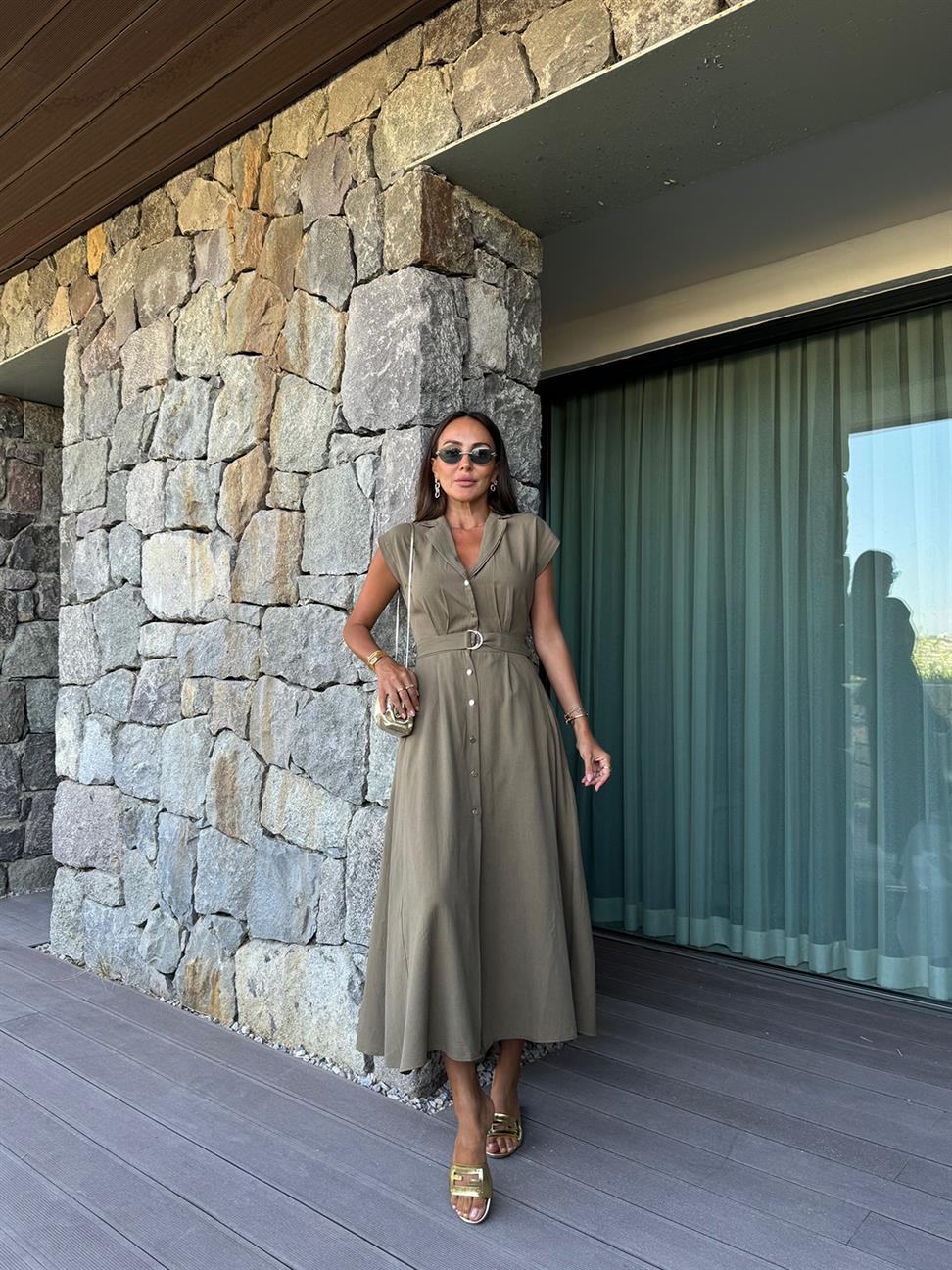 Haki Keten Kemerli Elbise