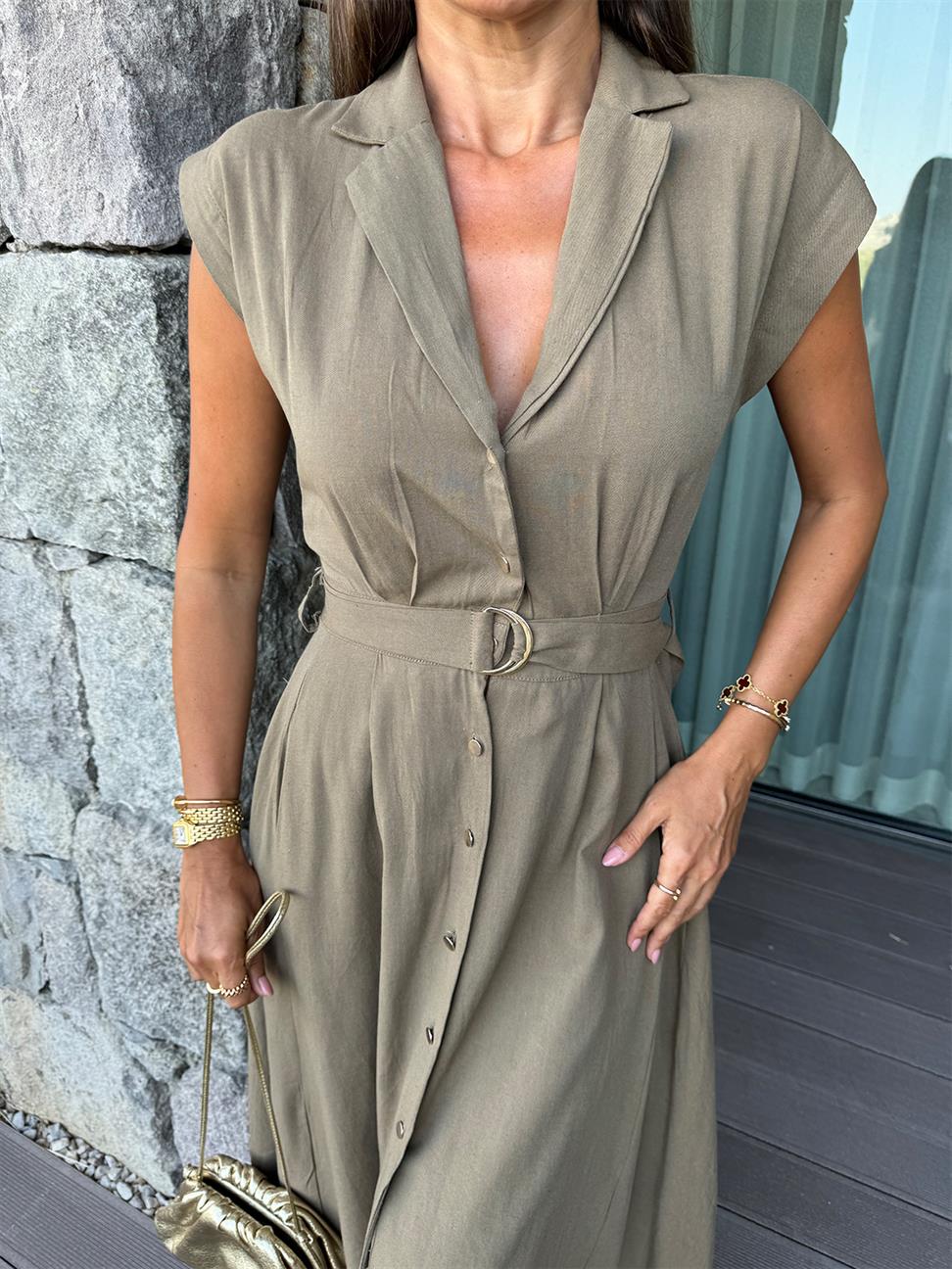 Haki Keten Kemerli Elbise