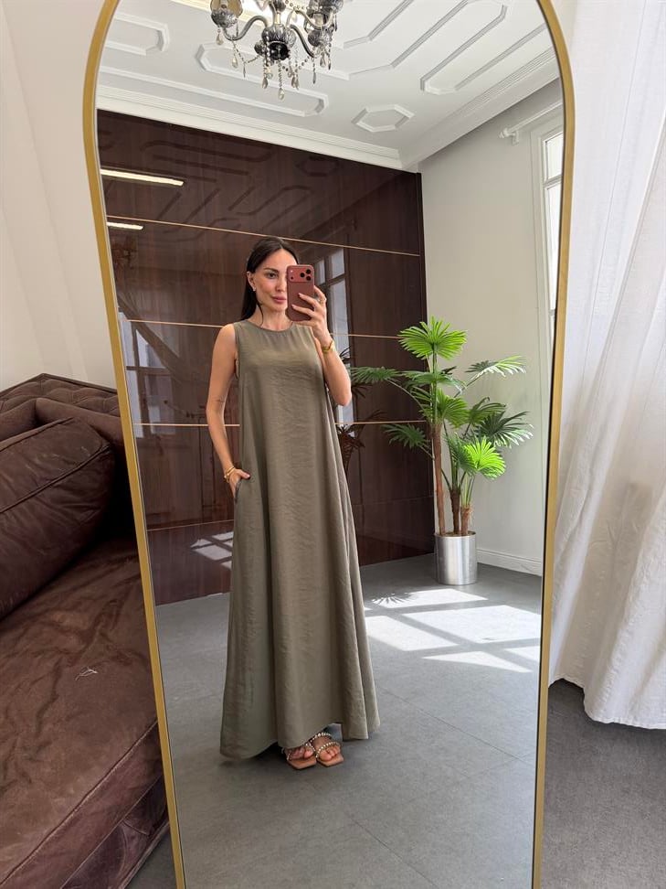 Haki Kolsuz Uzun Elbise