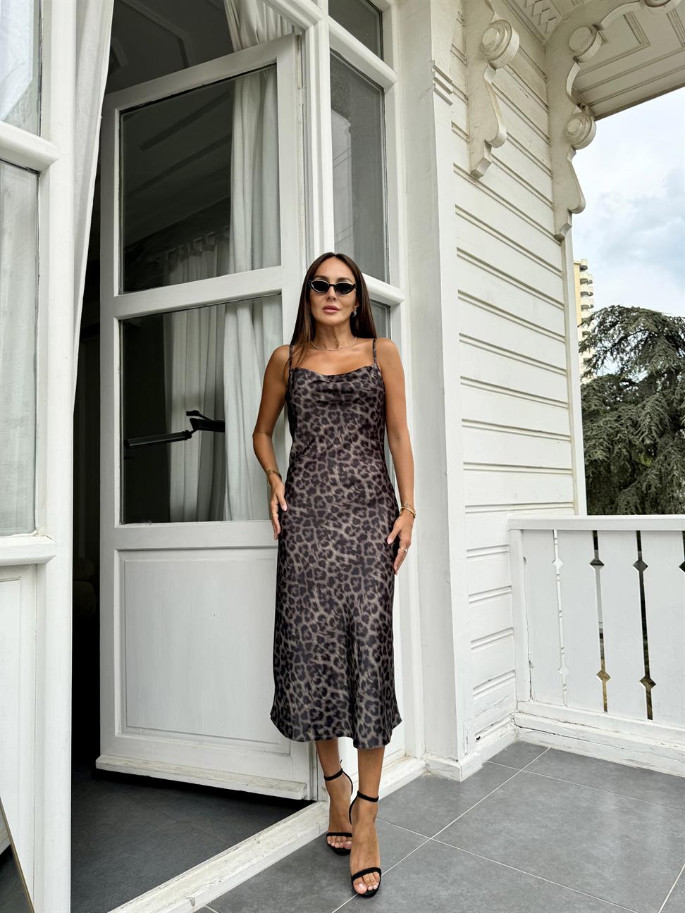 Haki Leopar Desen Saten Elbise