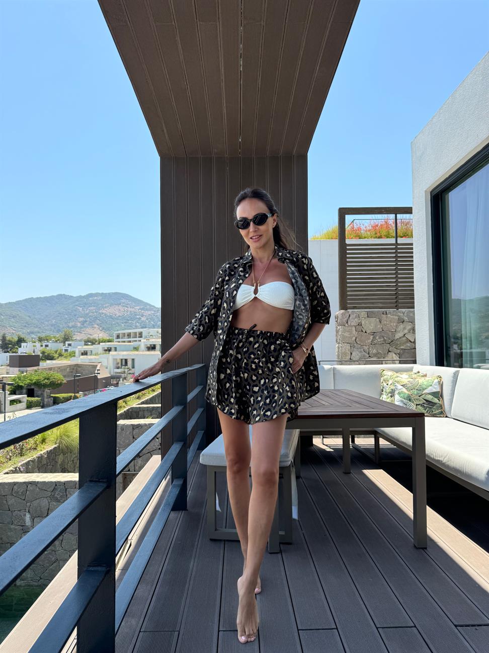 Haki Leopar Şort Takım