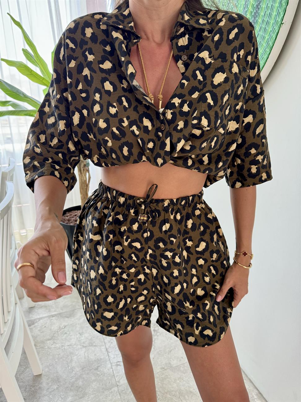 Haki Leopar Şort Takım
