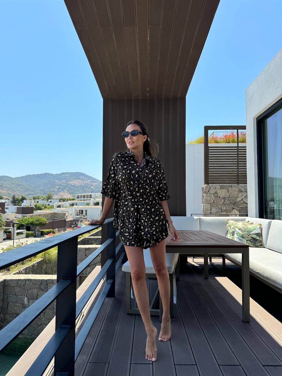 Haki Leopar Şort Takım