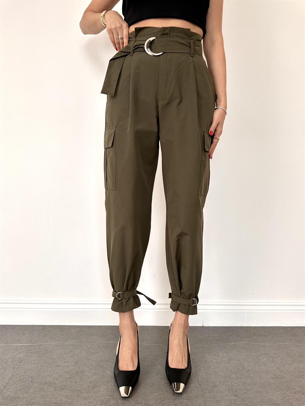 Haki Paçası Kemerli Kargo Pantolon