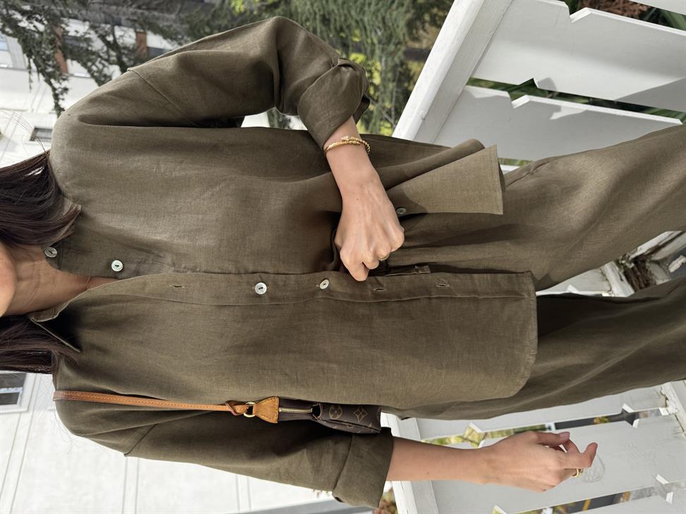 Haki Rahat Kesim Keten Gömlek