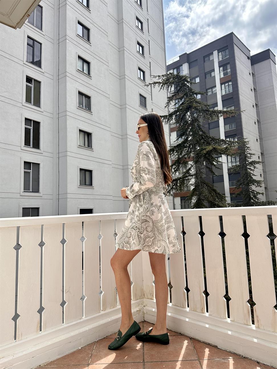 Haki Şal Desen Volanlı Gömlek Yaka Elbise