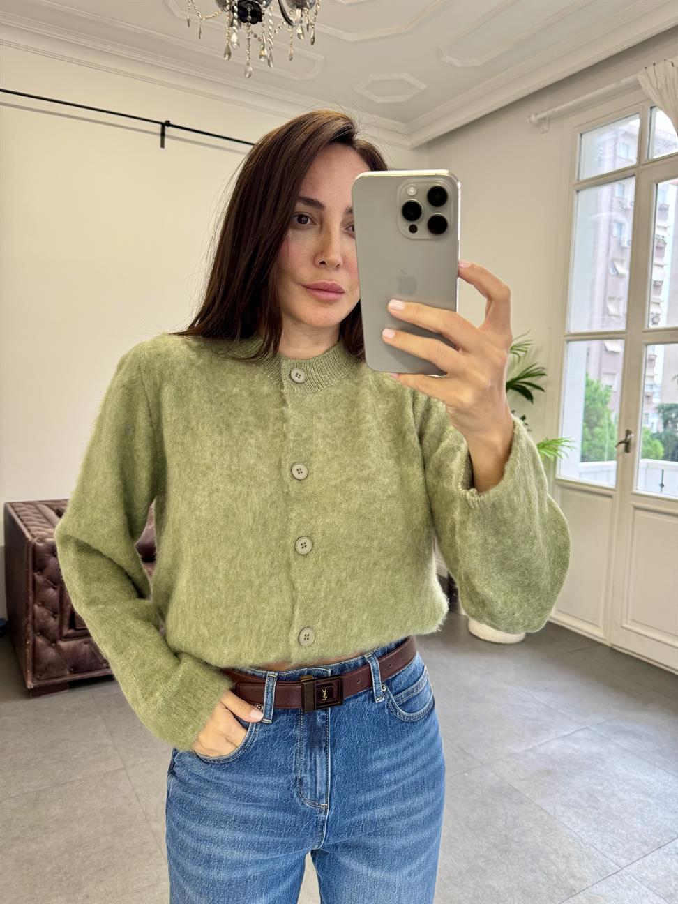 Haki Sıfır Yaka Sakallı Hırka