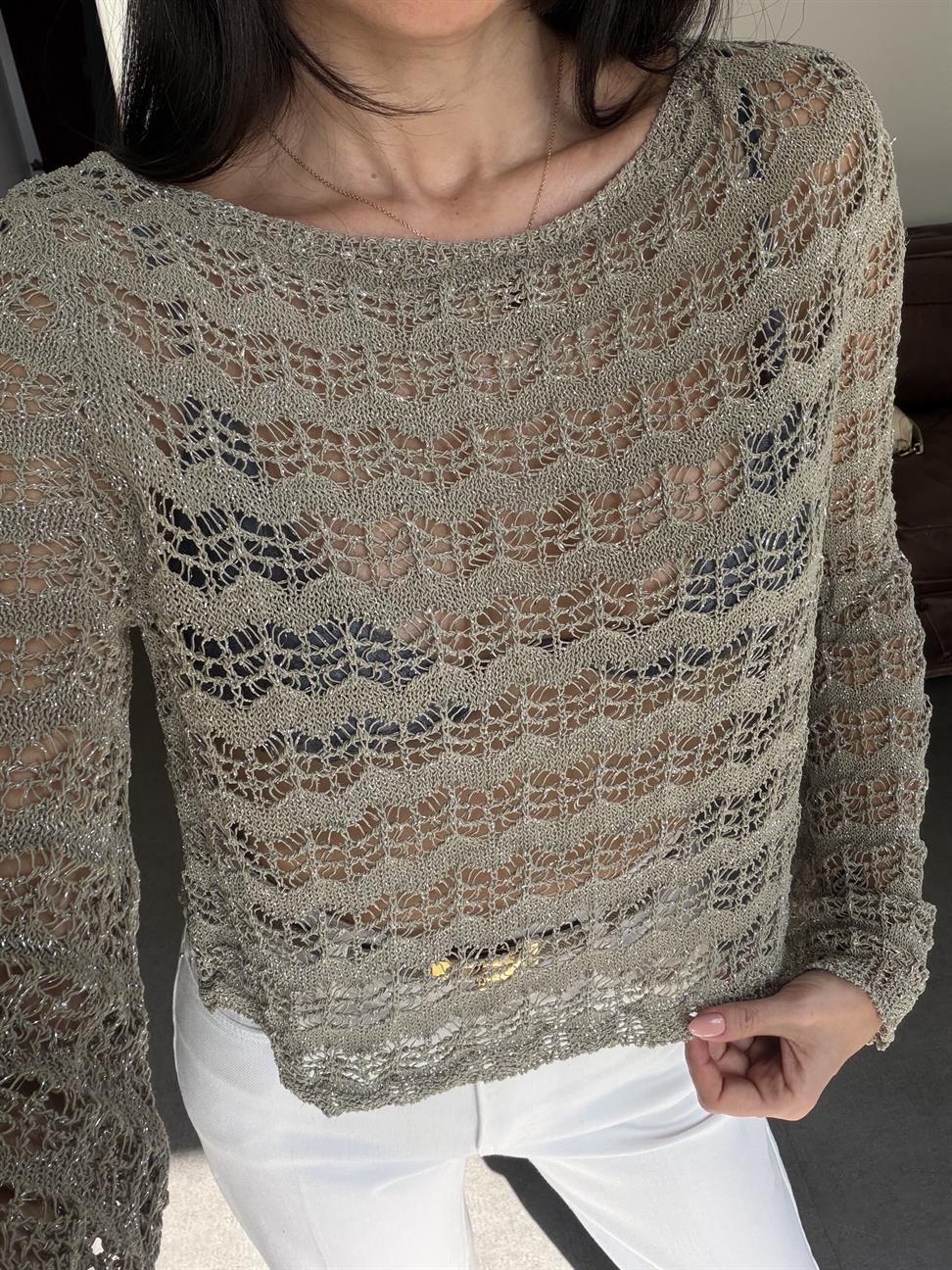 Haki Simli Ajurlu Triko Bluz