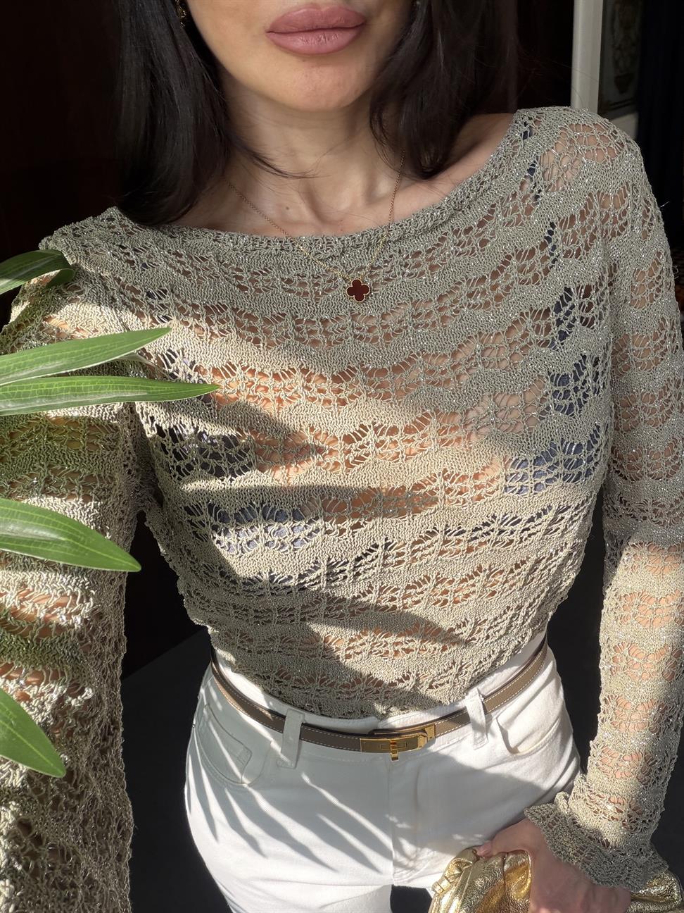 Haki Simli Ajurlu Triko Bluz