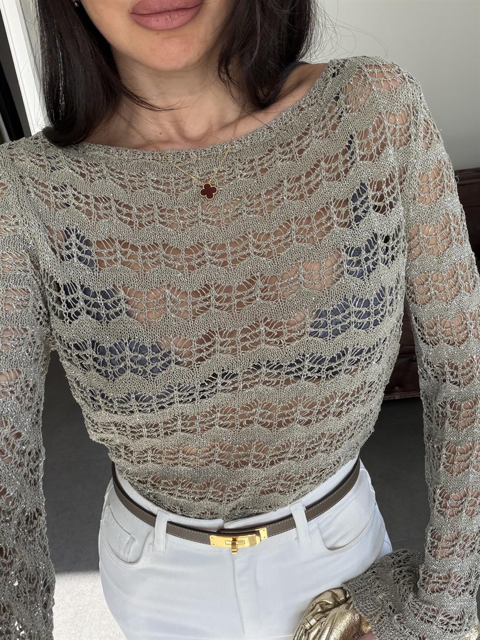 Haki Simli Ajurlu Triko Bluz