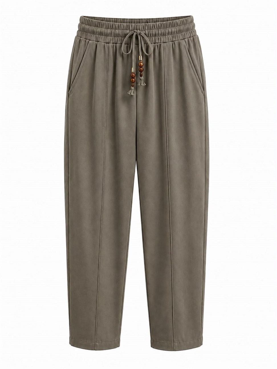 Haki Tencel Bağcıklı Kumaş Pantolon