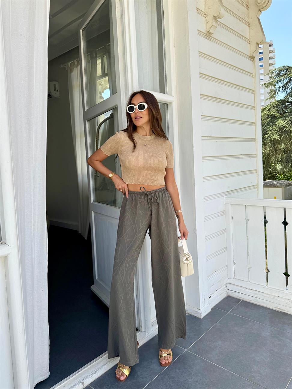 Haki Varak Baskı Salaş Pantolon