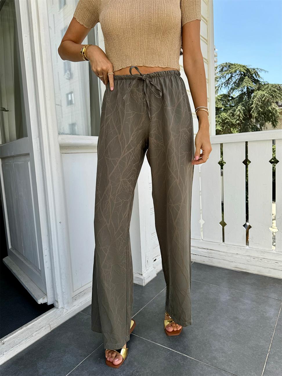 Haki Varak Baskı Salaş Pantolon