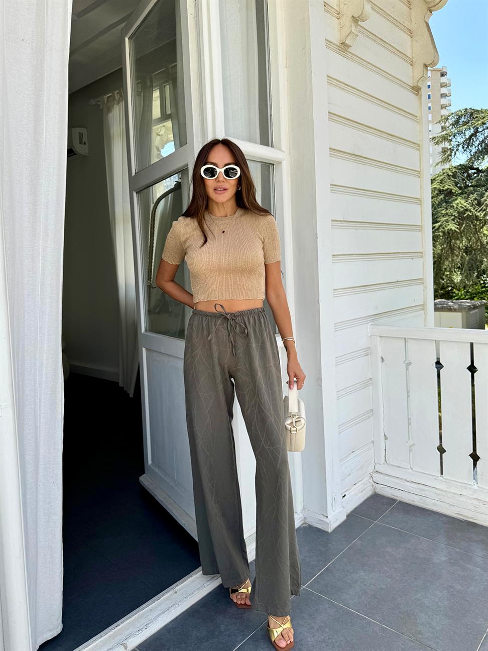 Haki Varak Baskı Salaş Pantolon