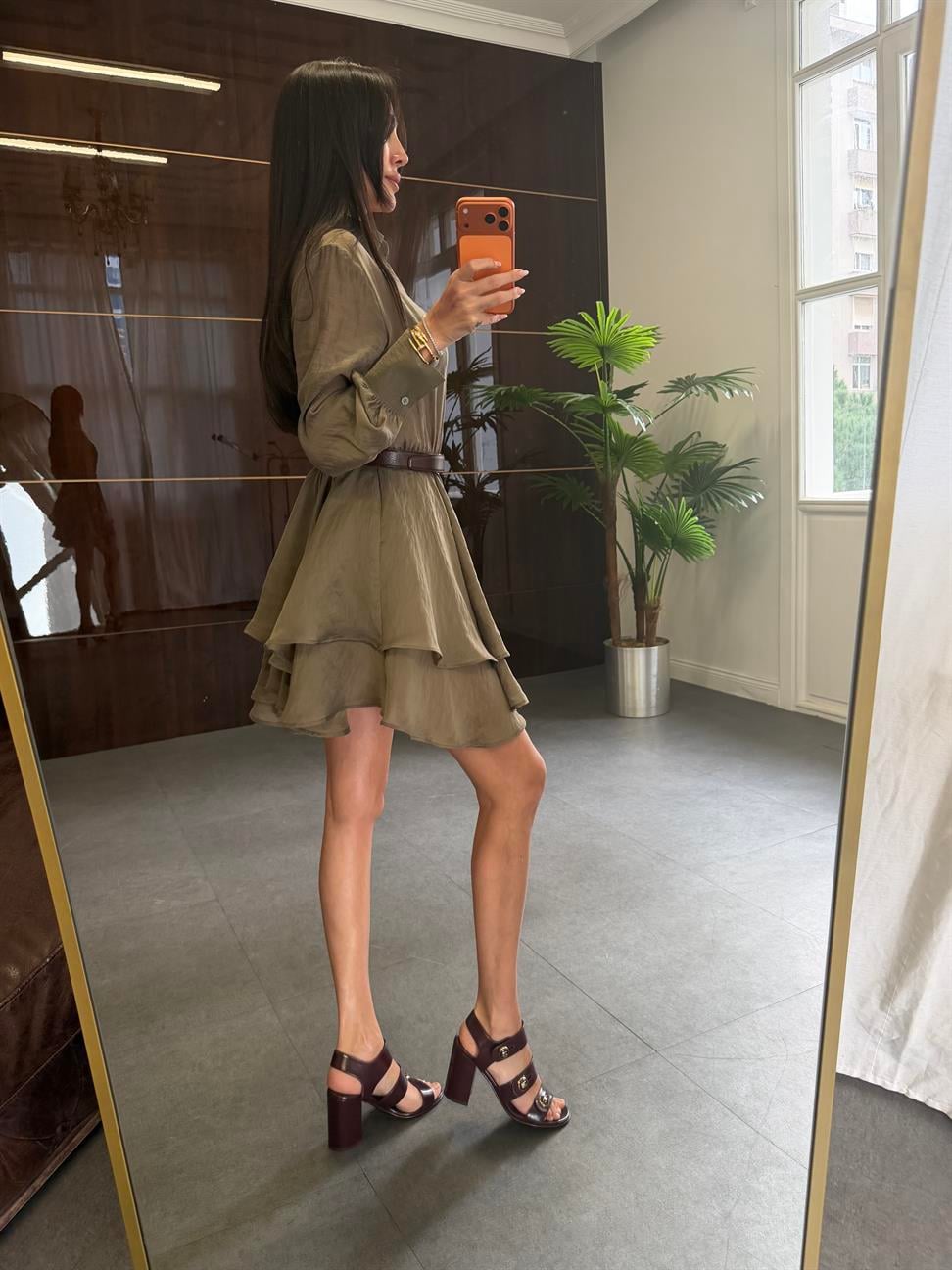 Haki Volanlı Kısa Elbise