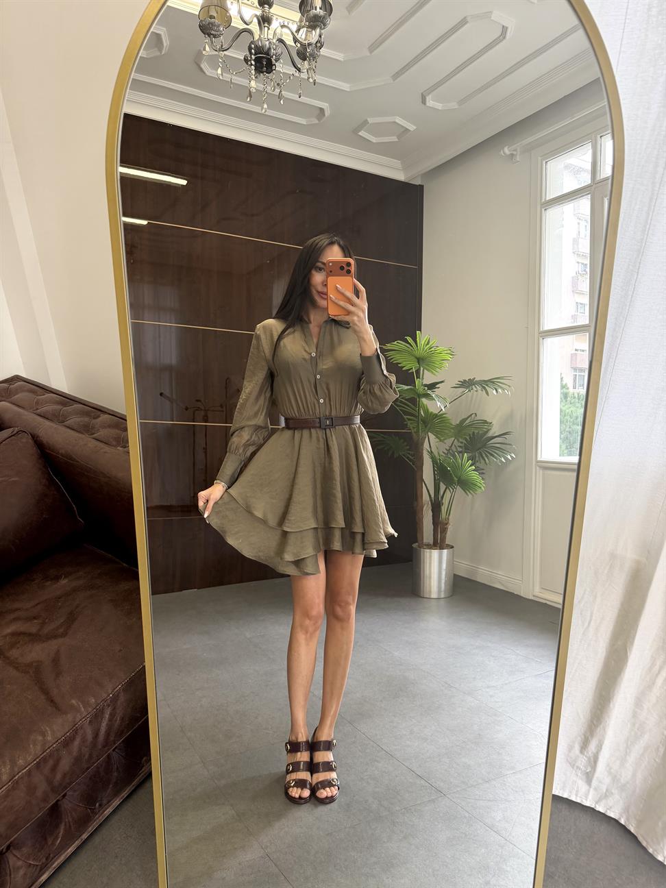 Haki Volanlı Kısa Elbise