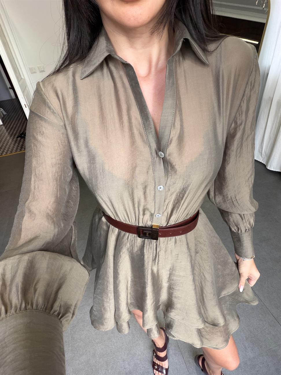 Haki Volanlı Kısa Elbise