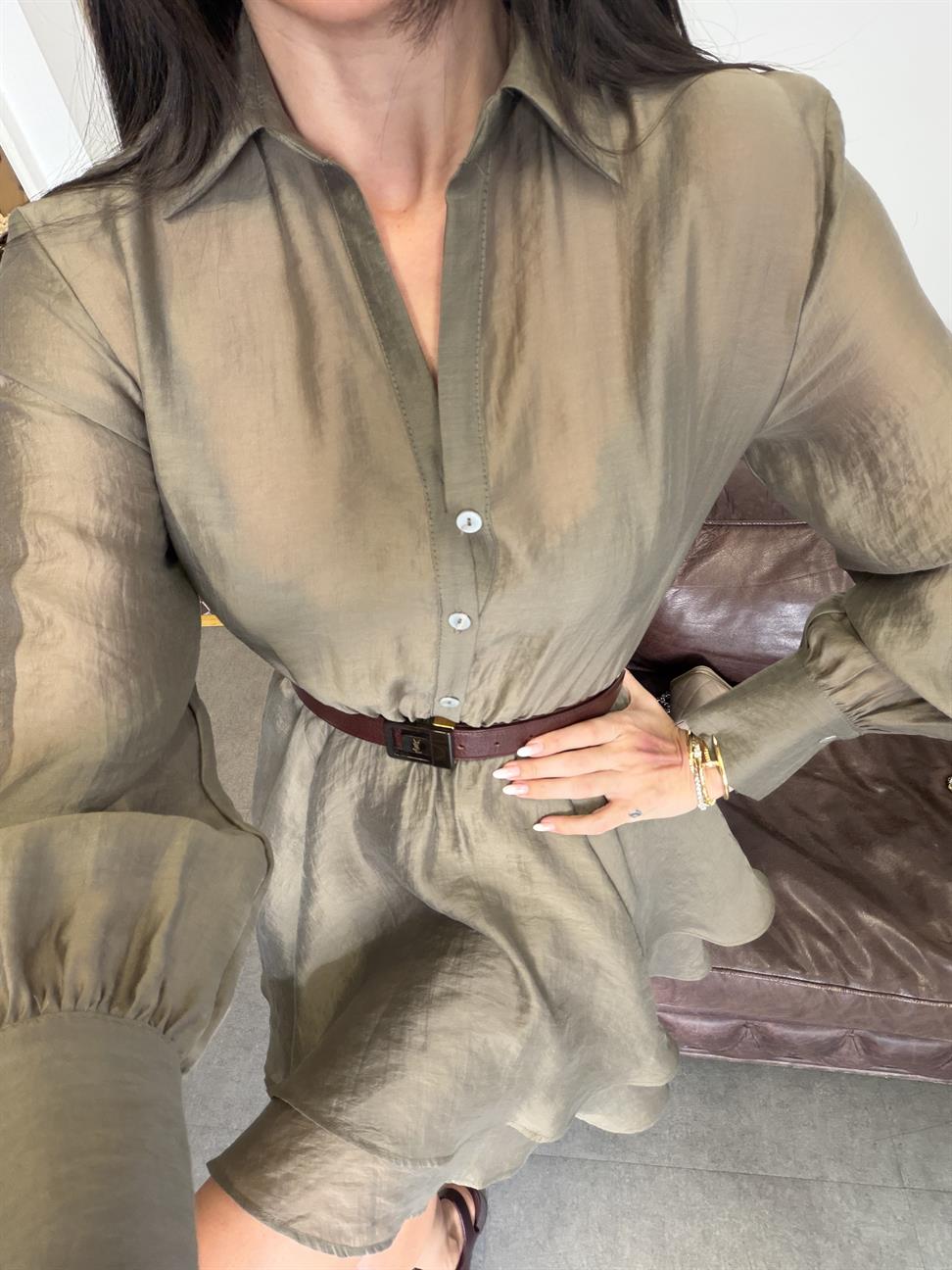 Haki Volanlı Kısa Elbise