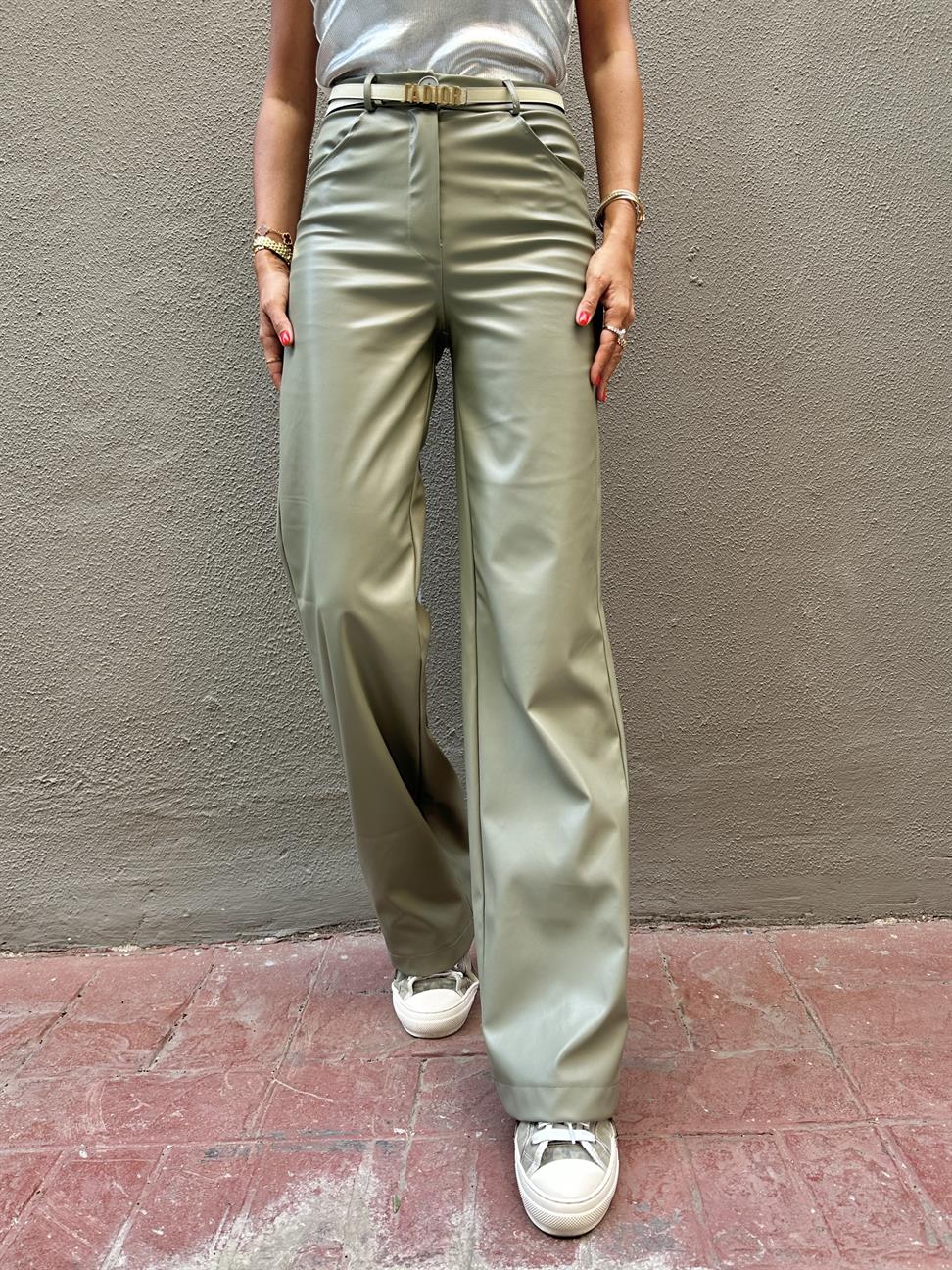 Haki Wide-Leg Deri Pantolon