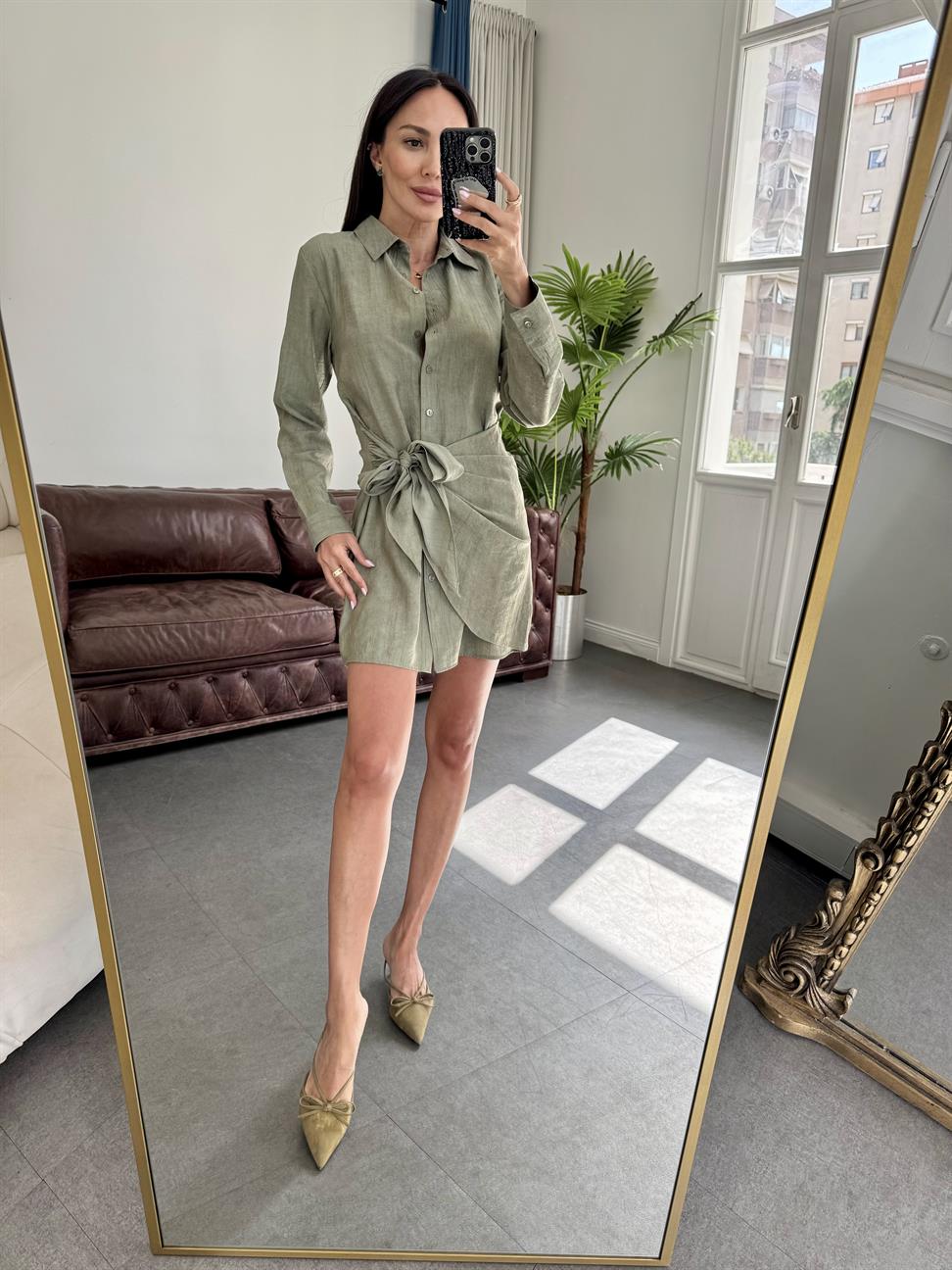 Haki Yandan Bağlamalı Gömlek Elbise