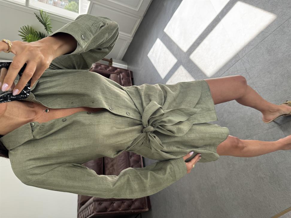 Haki Yandan Bağlamalı Gömlek Elbise