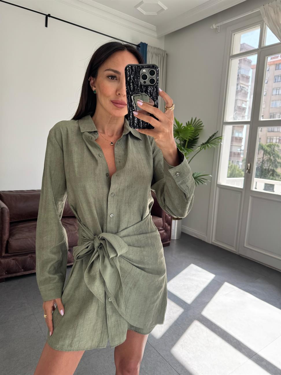 Haki Yandan Bağlamalı Gömlek Elbise