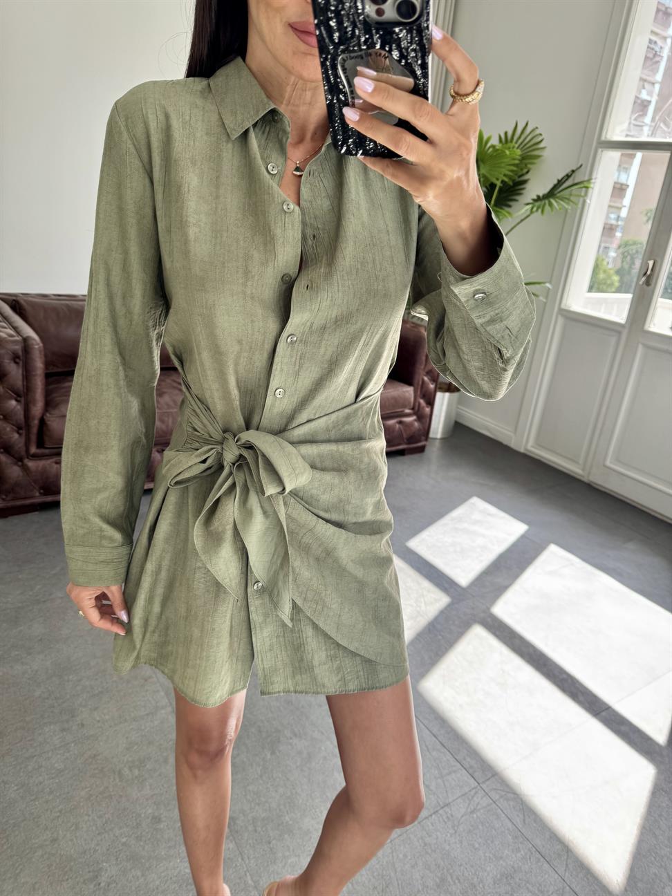 Haki Yandan Bağlamalı Gömlek Elbise