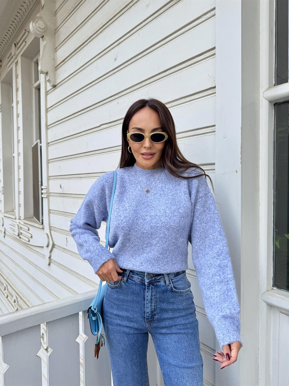 İndigo Mavi Bisiklet Yaka Yumuşak Dokulu Triko Kazak