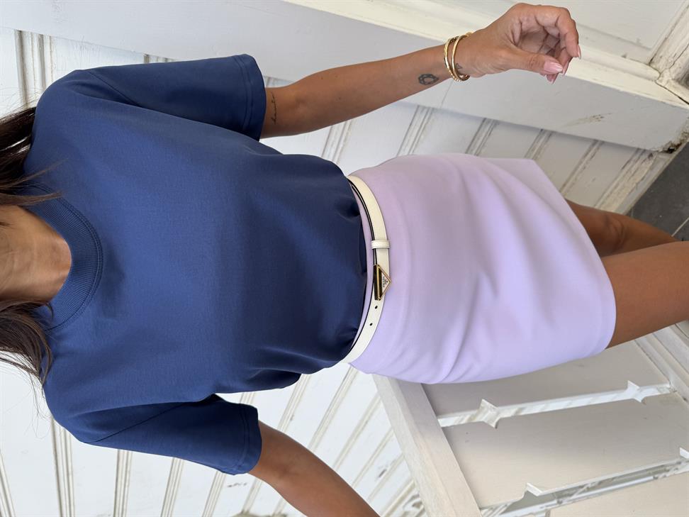 İndigo Mavi Dekoratif Dikişli Bisiklet Yaka Tişört