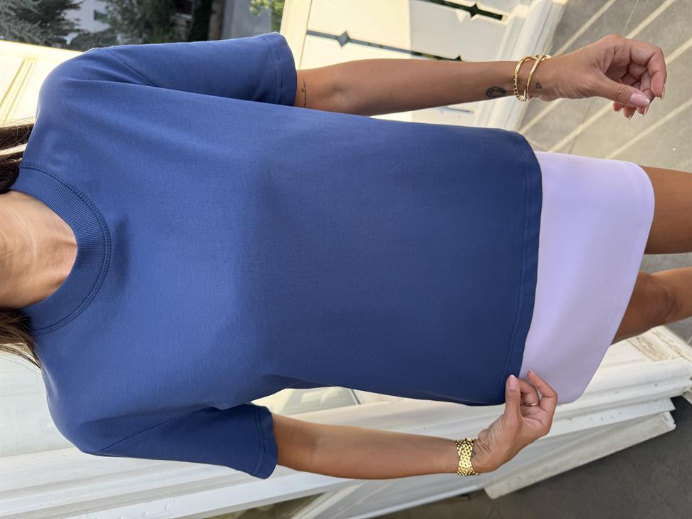 İndigo Mavi Dekoratif Dikişli Bisiklet Yaka Tişört