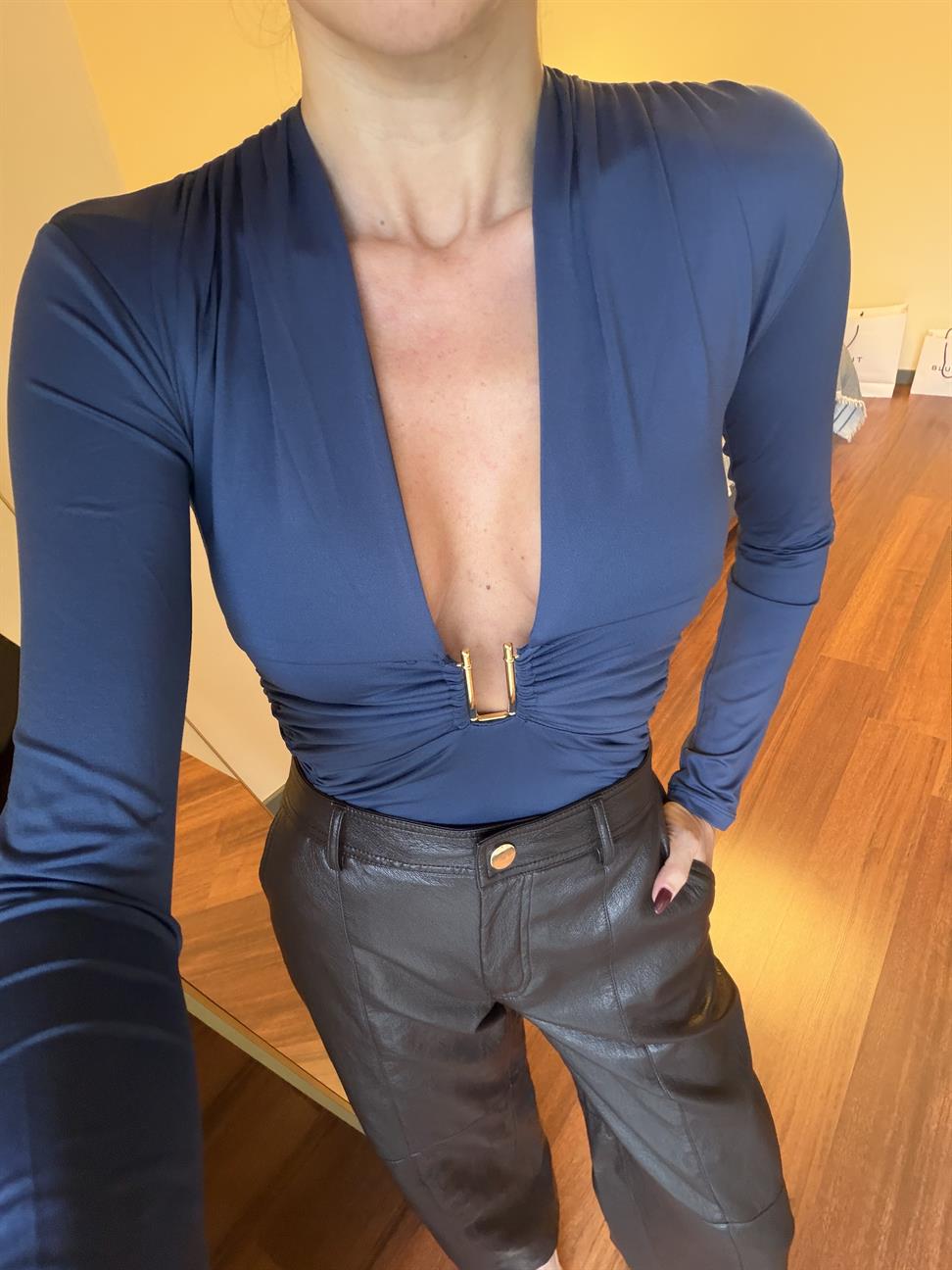 İndigo Mavi Derin V Yaka Bodysuit