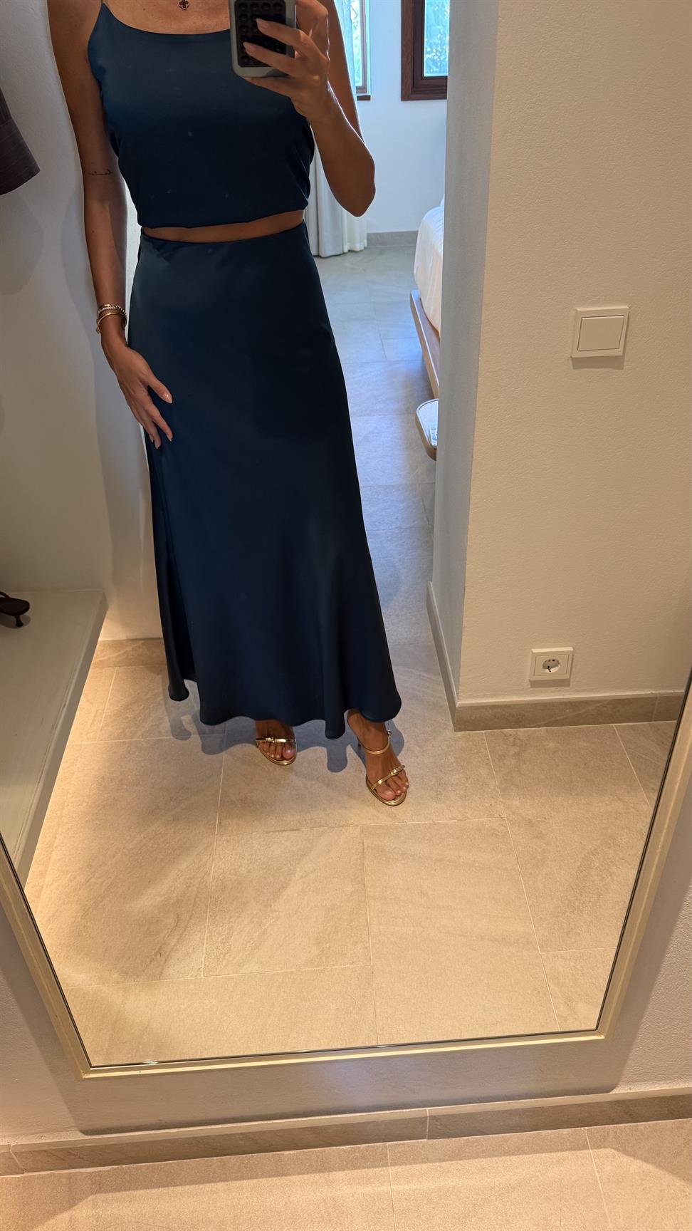 İndigo Mavi Saten Etek Bluz İkili Takım