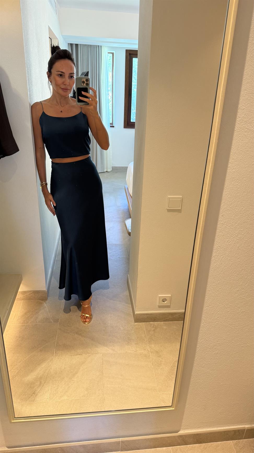 İndigo Mavi Saten Etek Bluz İkili Takım