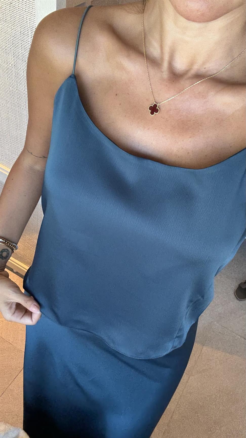 İndigo Mavi Saten Etek Bluz İkili Takım