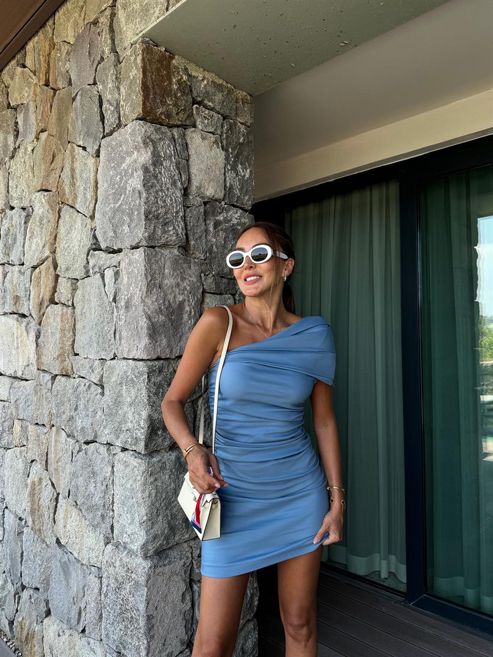 İndigo Mavi Tek Omuz Drape Kısa Elbise