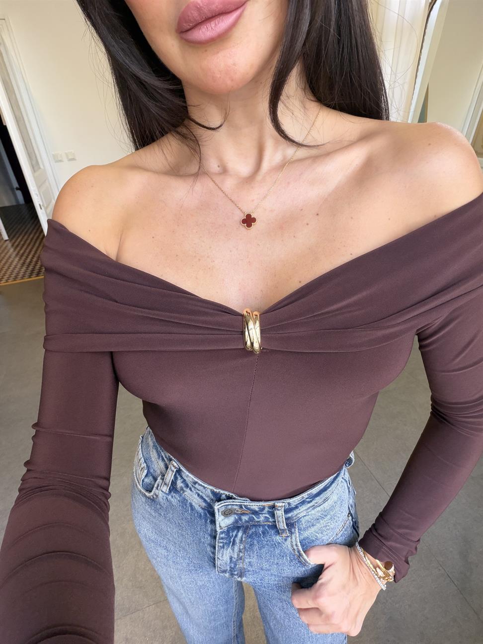 Kahve Açık Omuz Bluz