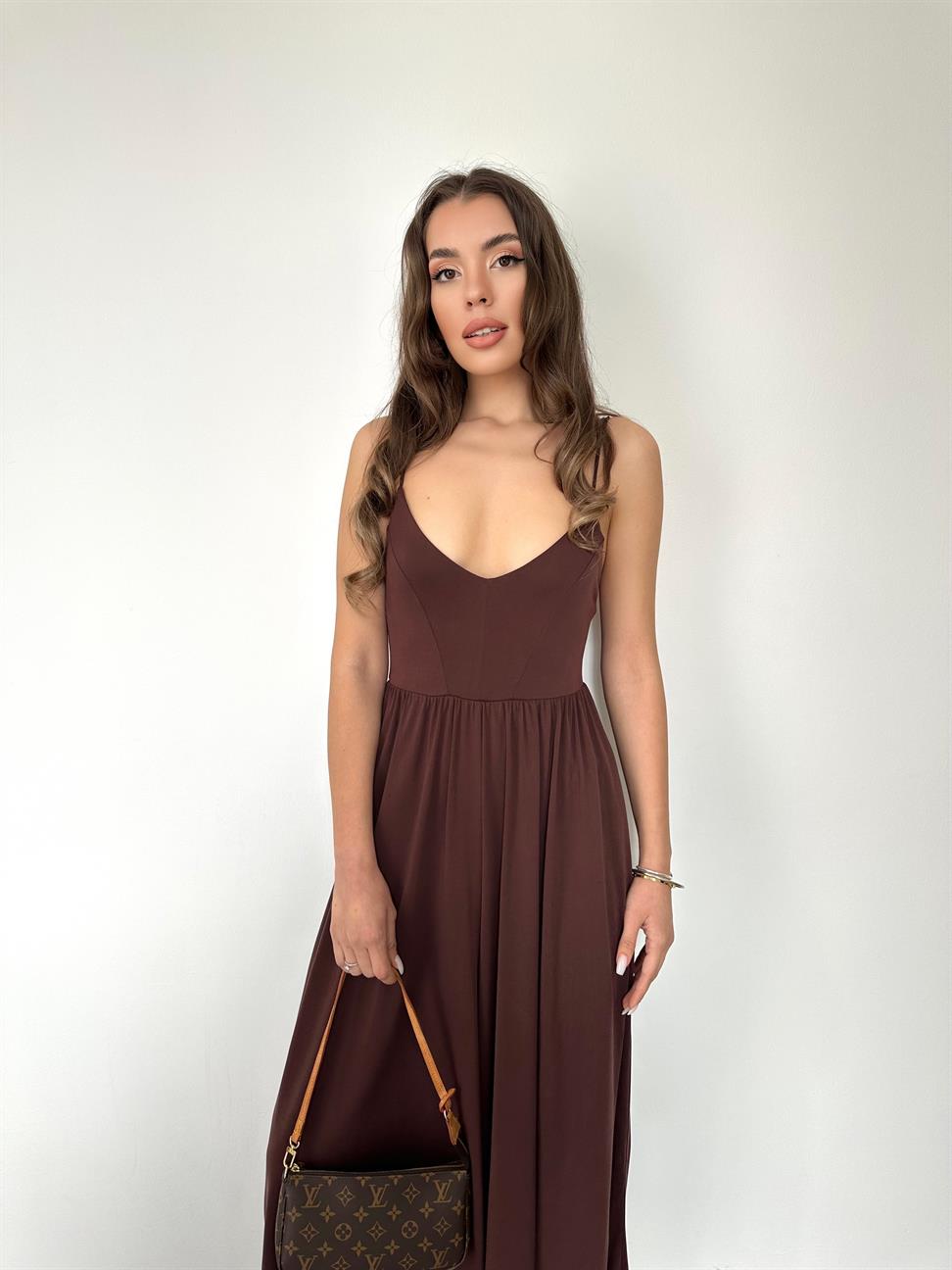 Kahve Askılı Bol Paça Tulum