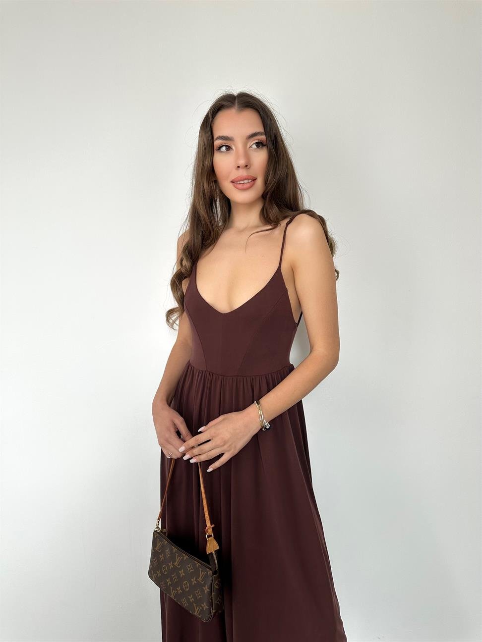 Kahve Askılı Bol Paça Tulum