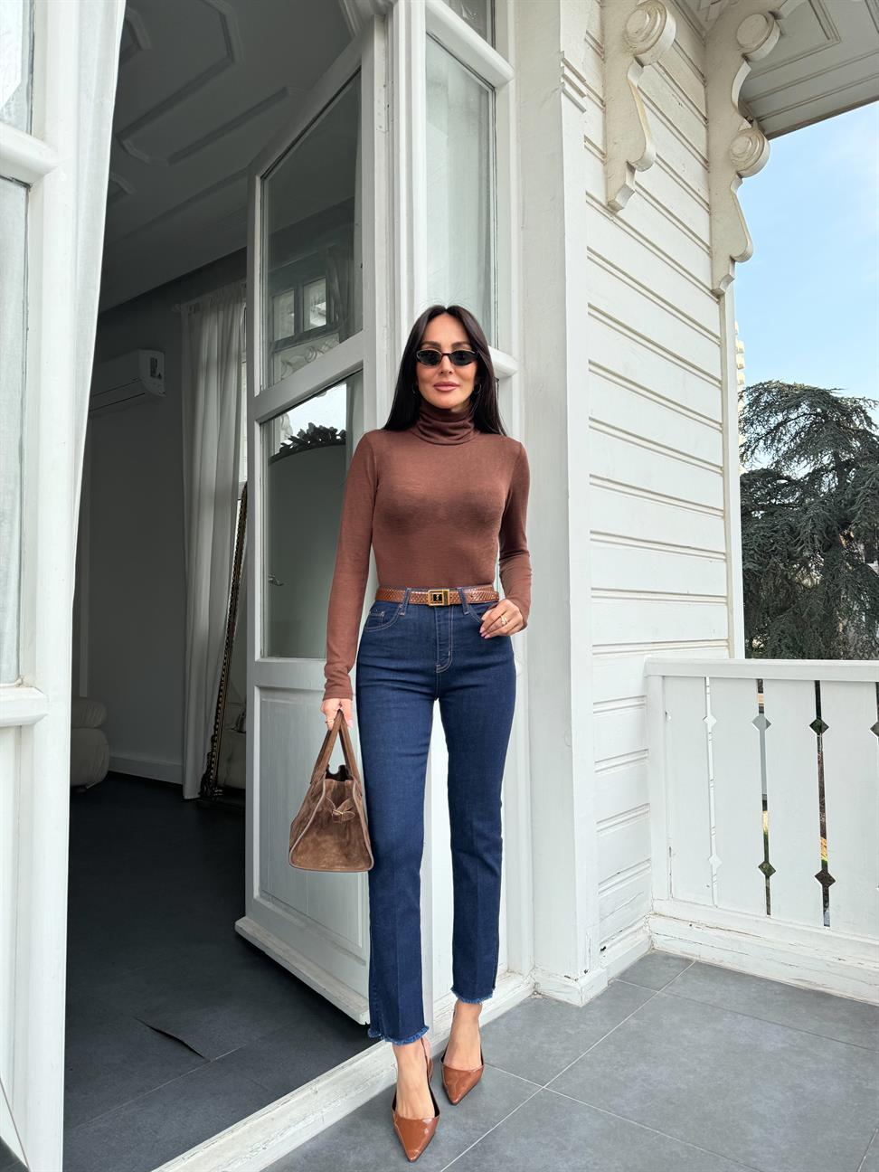 Kahve Balıkçı Yaka Yarı Transparan Bluz