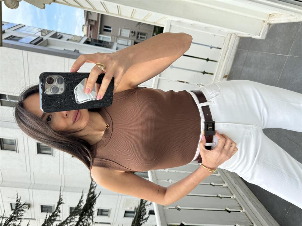 Kahve Bisiklet Yaka Atlet Bluz